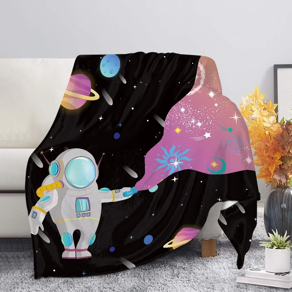 

Cute Astronaut Pattern Flannel Throw Blanket Bedroom Sherpa Soft Warm for Children Teens Cartoon Design Warm Travel Camping Gift