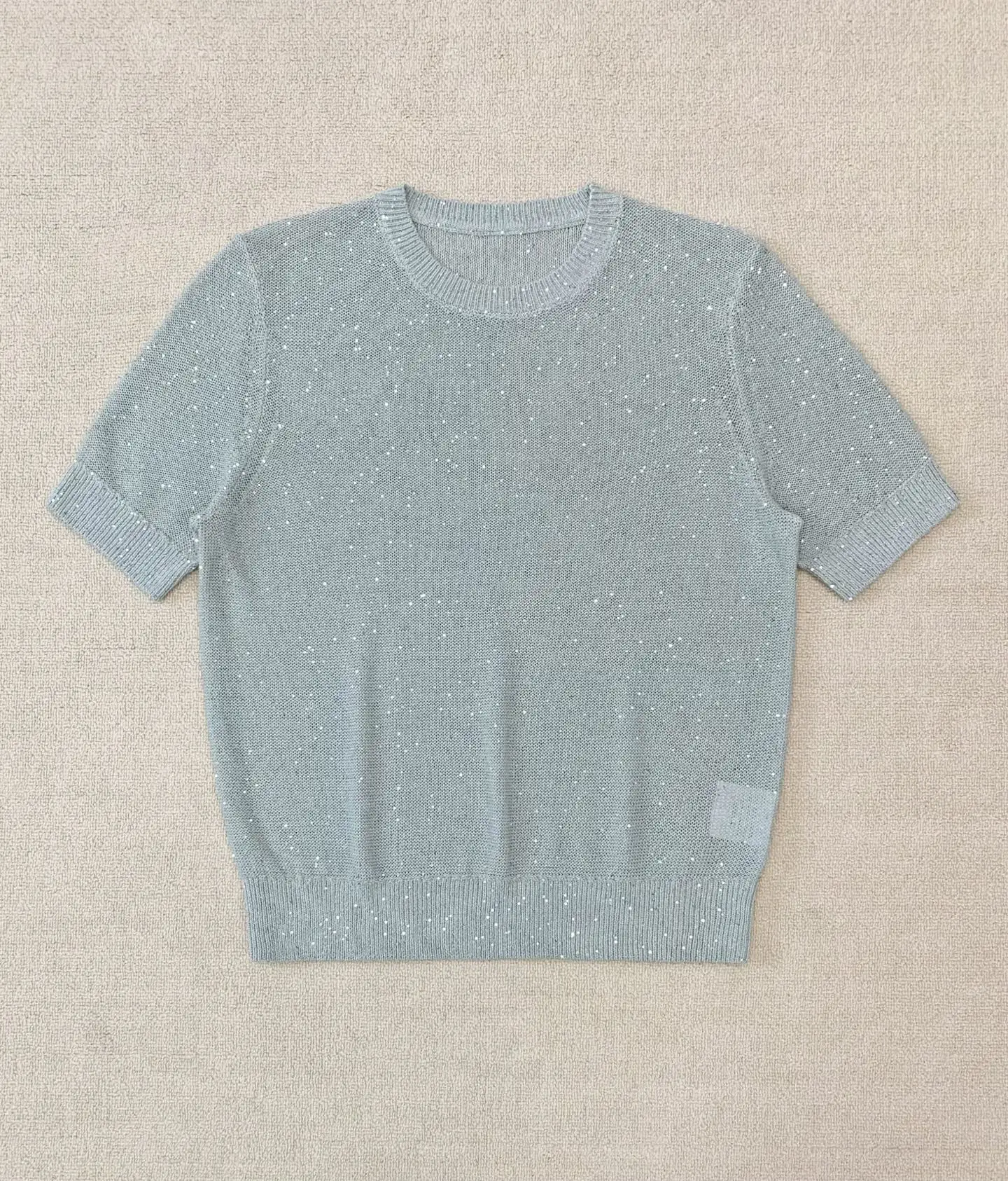

Women's 2026 Spring/Summer New Arrival: Sheer Mist Green Sequin-Embellished Short-Sleeve Knit Top