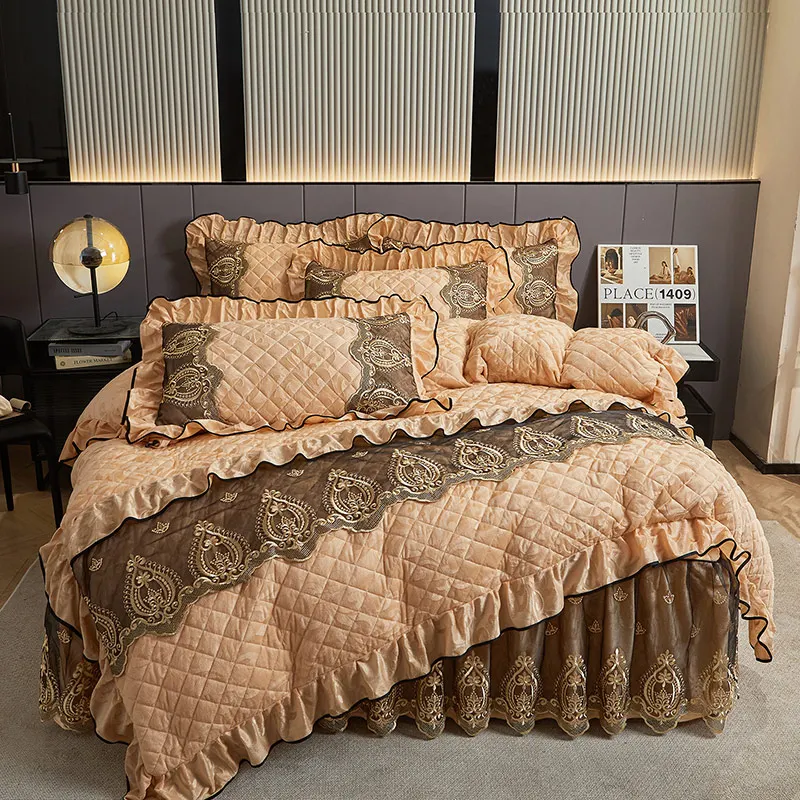 AIWINSURE- Winter Velvet Duvet Cover Set, 4pcs Bedding Set, Queen King Size, Luxury with Lace Ruffles, Bed Linen 2 Bedroom