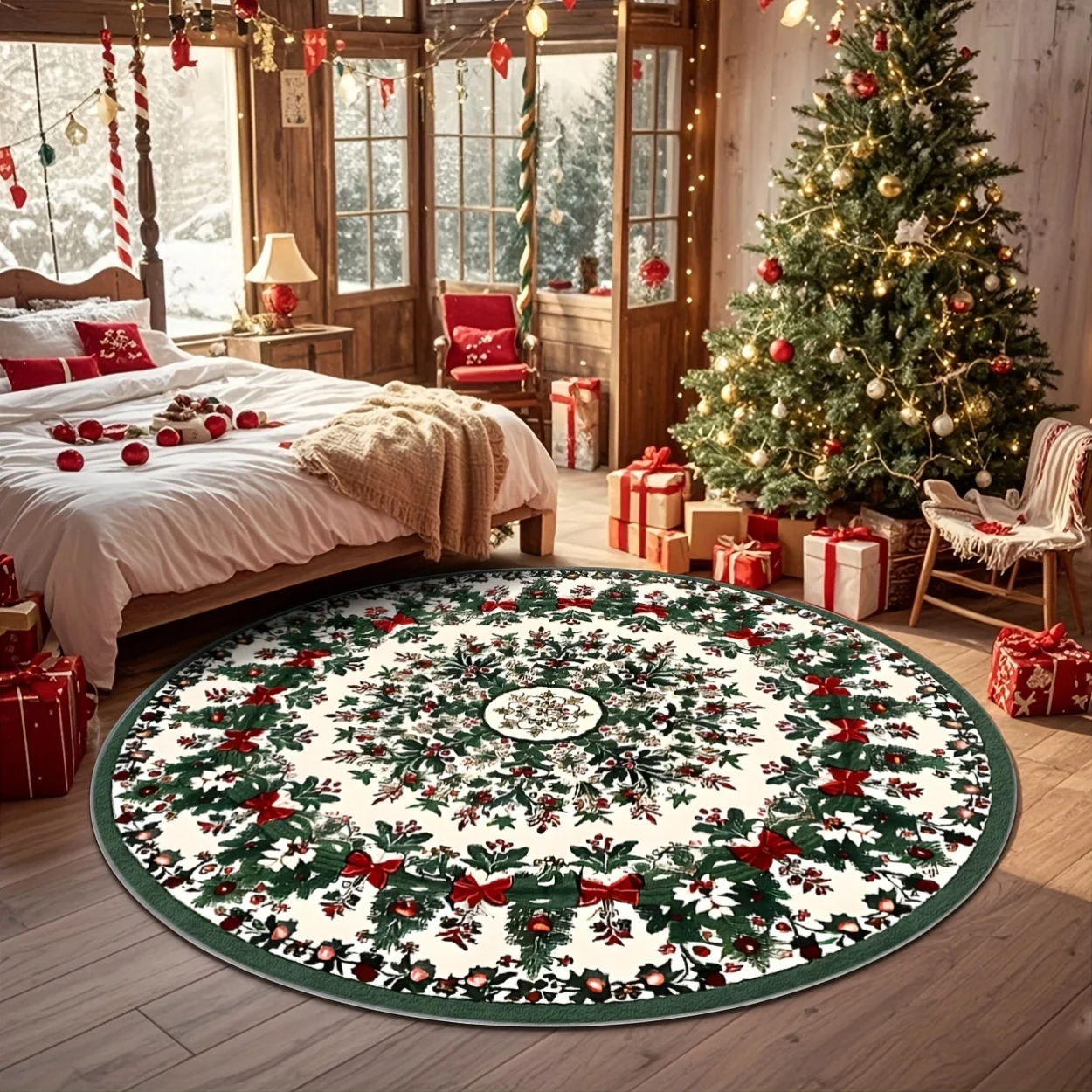 Embossed Nutcracker Holly Berry Scroll Floral Round doormat Red Tone Traditional Christmas Entryway Floor Cover