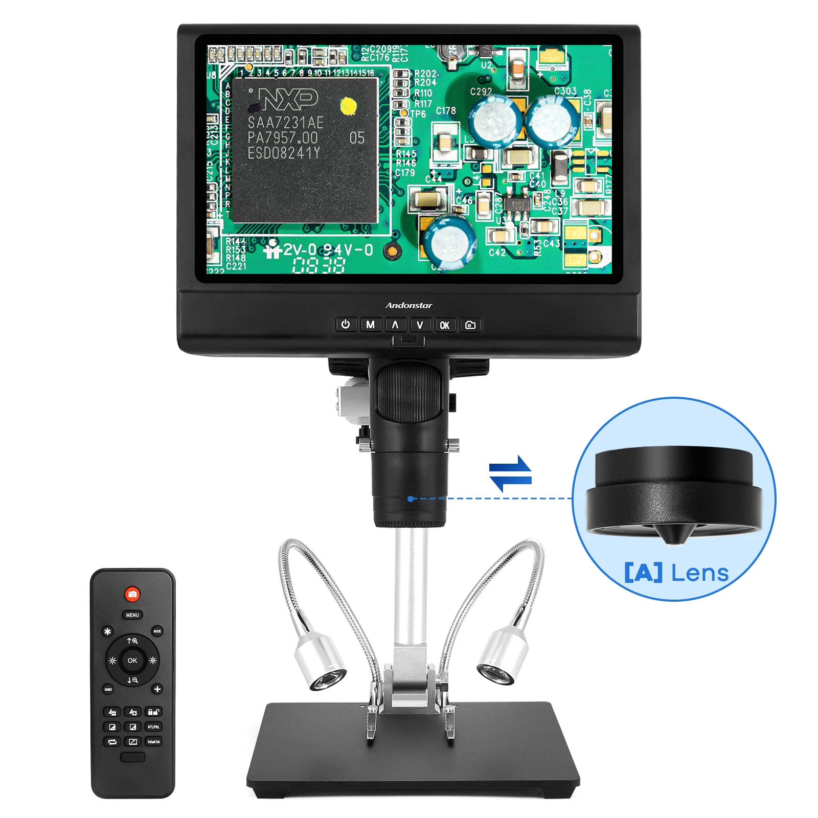 Andonstar-microscopio Digital AD249M con 3 lentes, pantalla LCD ajustable de 10 pulgadas para soldar, microscopio electrónico de vídeo de 1080P