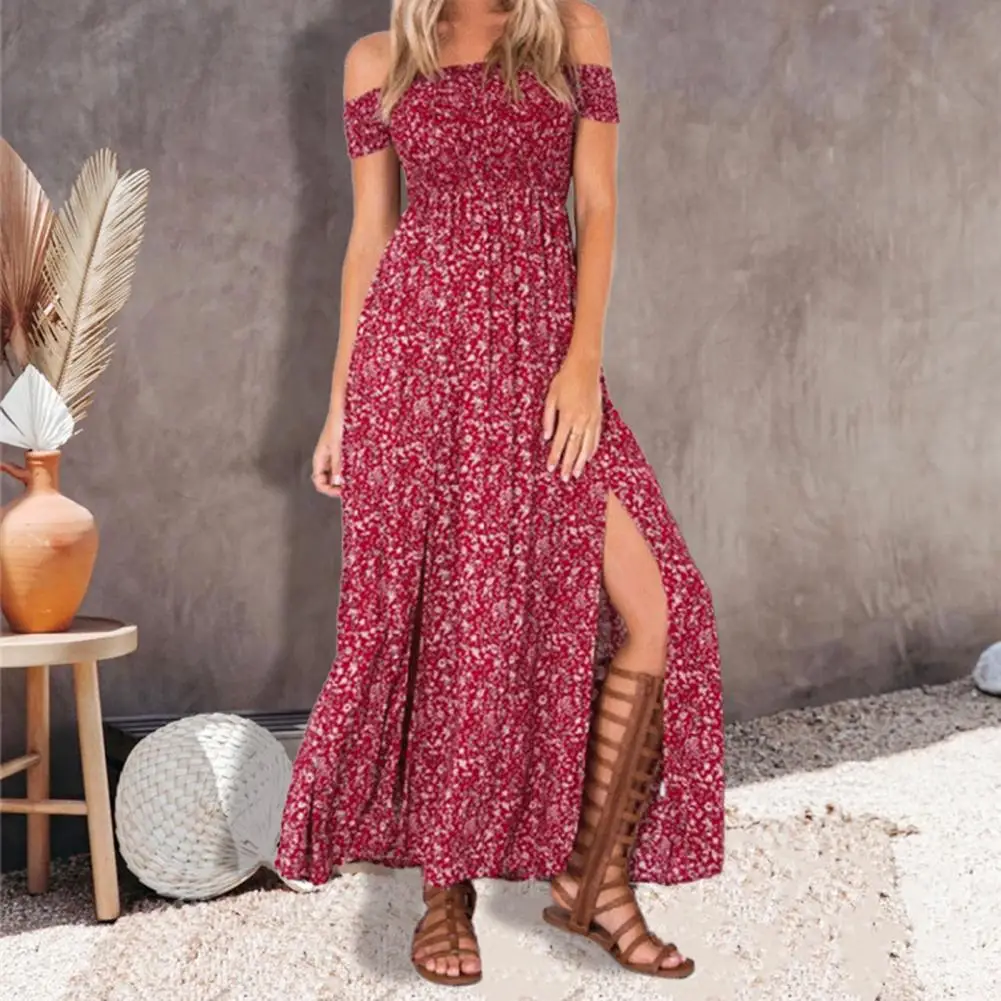 Women Dress Off Shoulder Waist Tight Double Split Hem Boho Dress Bohemian Floral Print Short Sleeve Long Dress Female Clothing