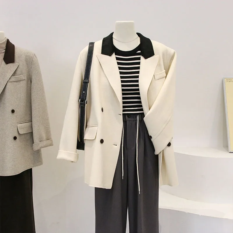 DAYIFUN Autumn Winter Jackets Warm Thicken Wool Blends Notched Double Breasted Fashion Tops Elegant All-match Fashion Suit Coat