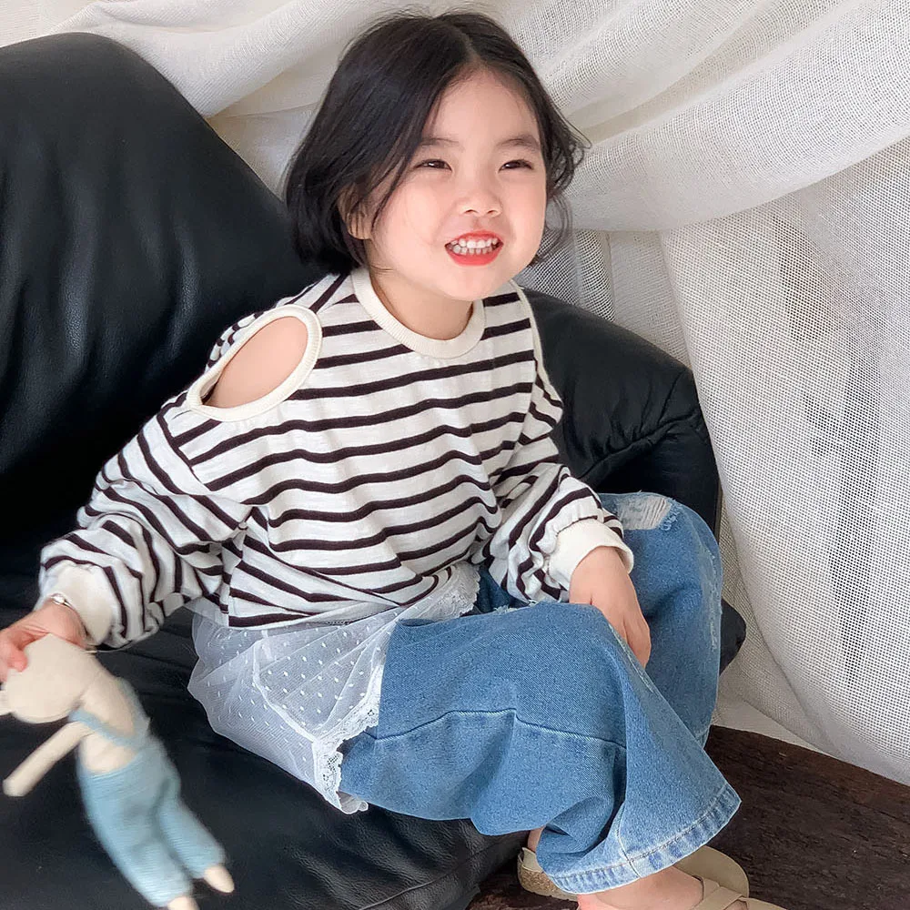 Children's Clothing  Girl's Korean Style  Short Hoodie Baby Stylish Versatile Long Sleeved Top Off The Shoulder Striped T-shirt