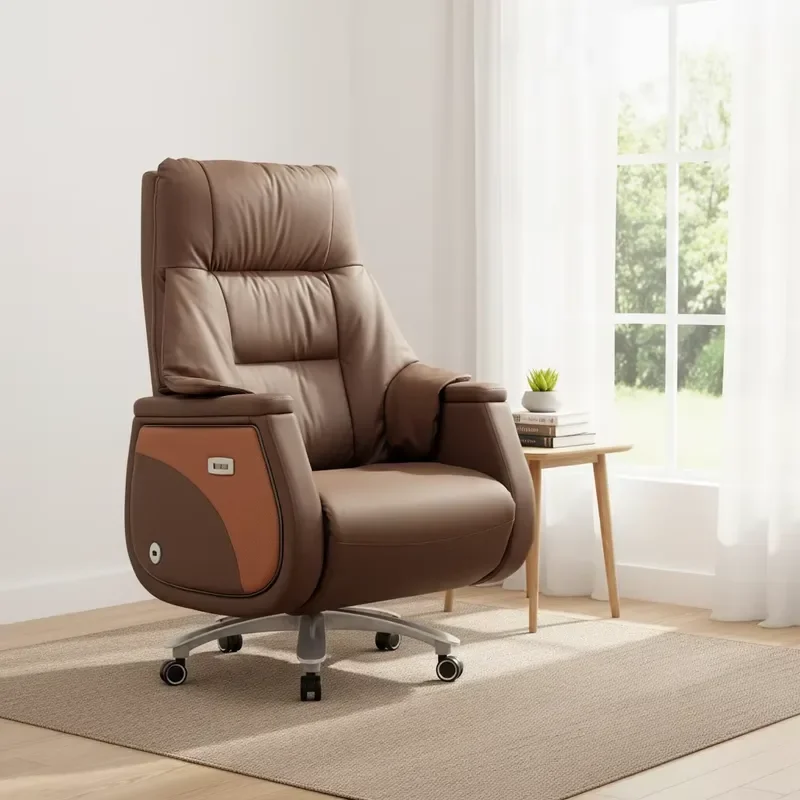 Modern ergonomic office chair with retractable footstool with fixed wide armrests