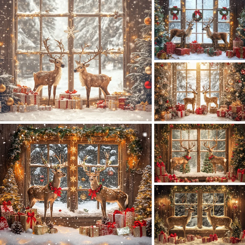 

Christmas Window Christmas Reindeer Backdrops Winter Christmas Tree Curtains Wooden Xmas Eve New Year Photography Background