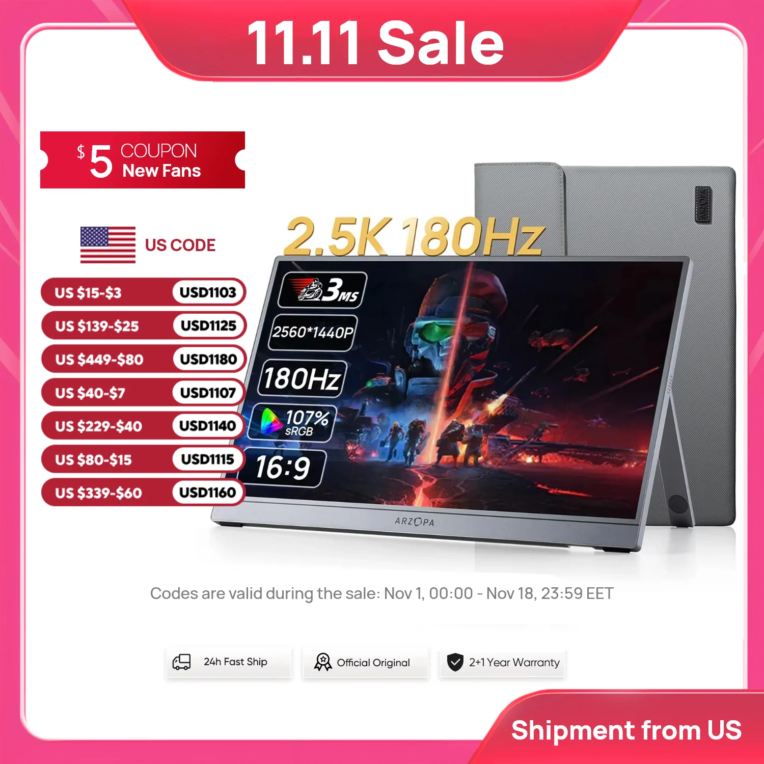 16.1in 180HZ 2.5K Portable Monitor 107% SRGB HDR IPS External Second Screen for Laptop/PC/PS5/Mac/Xbox Gray with Bag