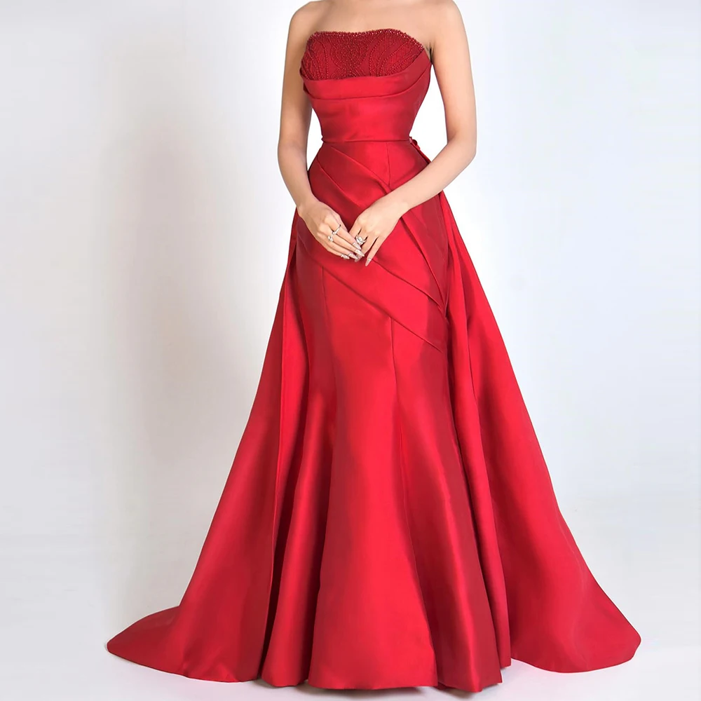 

Customized Mermaid Evening Dresses Floor-length Strapless Sleeveless Prom Gown Fashion Beading Pleat Draped Backless Party Gown