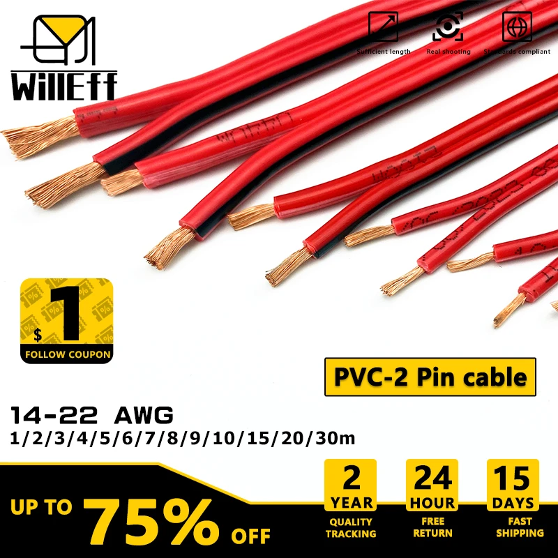 

2 pin wire Electric Cable Strand Copper Wire Flat Flexible Cable For Car Light Lamp Speaker Audio Signal 14 16 18 19 20 22 AWG