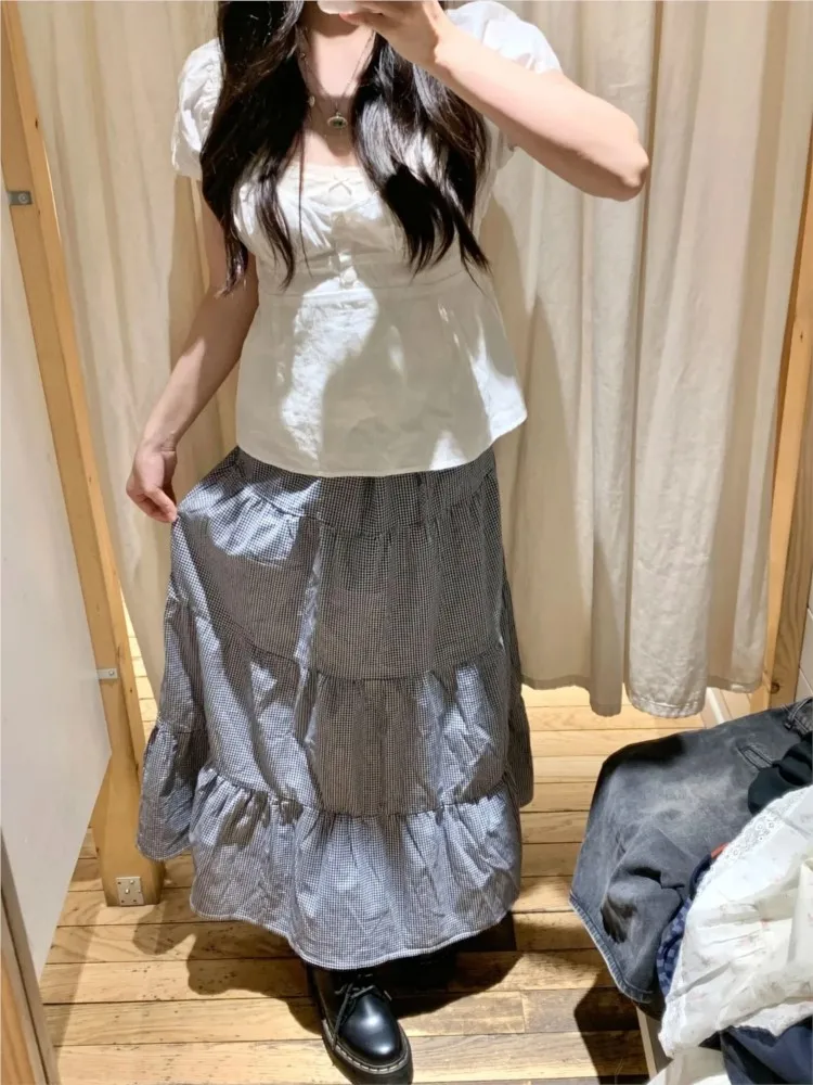 Plaid Ruffles Loose Maxi Skirts Women New Casual Elastic High Waist A-line Falda Fairycore Preppy Style Vintage Long Skirt Y2K