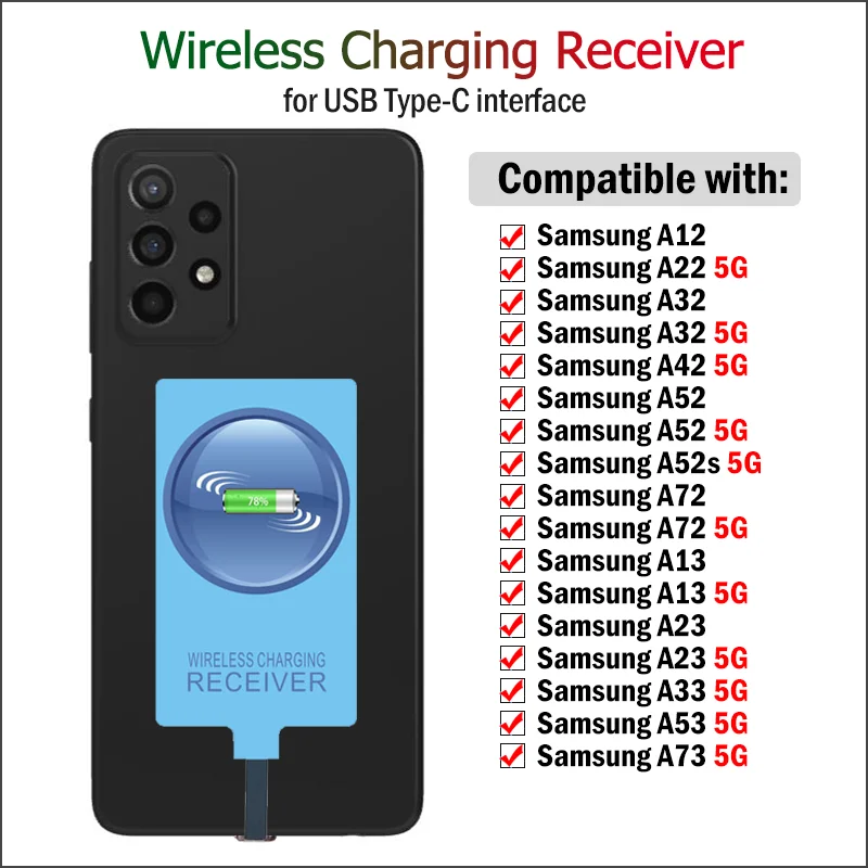 Wireless Charging Receiver for Samsung Galaxy A12 A22 A32 A42 A52 A72 A52s A13 A23 A33 A53 A73 5G USB Type-C Adapter Connector