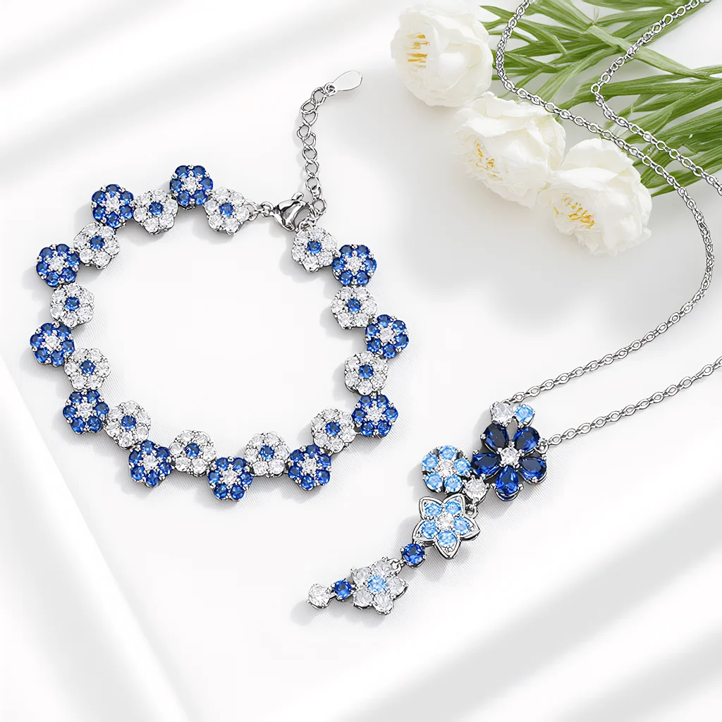 2pcs-elegant-vintage-jewelry-set-for-womeninlaid-flowers-necklace-bule-choker-bridal-wedding-bracelet-party-gift