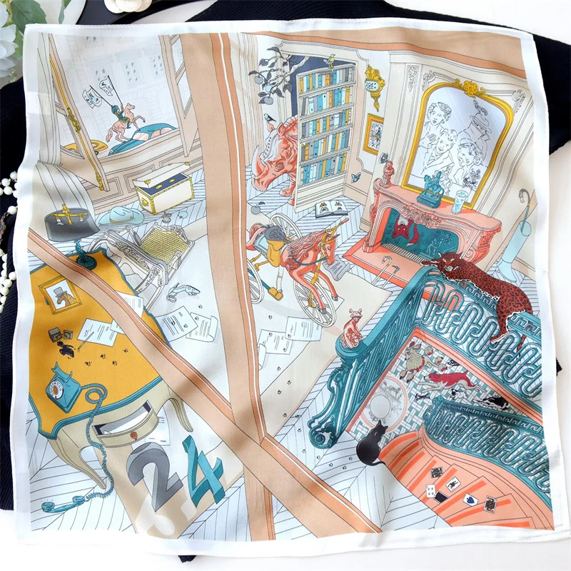 

Шелковый платок 100% шелк, женский, №24, с принтом House, квадратный, маленький, для ношения как бандана, хиджаб, шейный платок, повязка на голову, 53 см