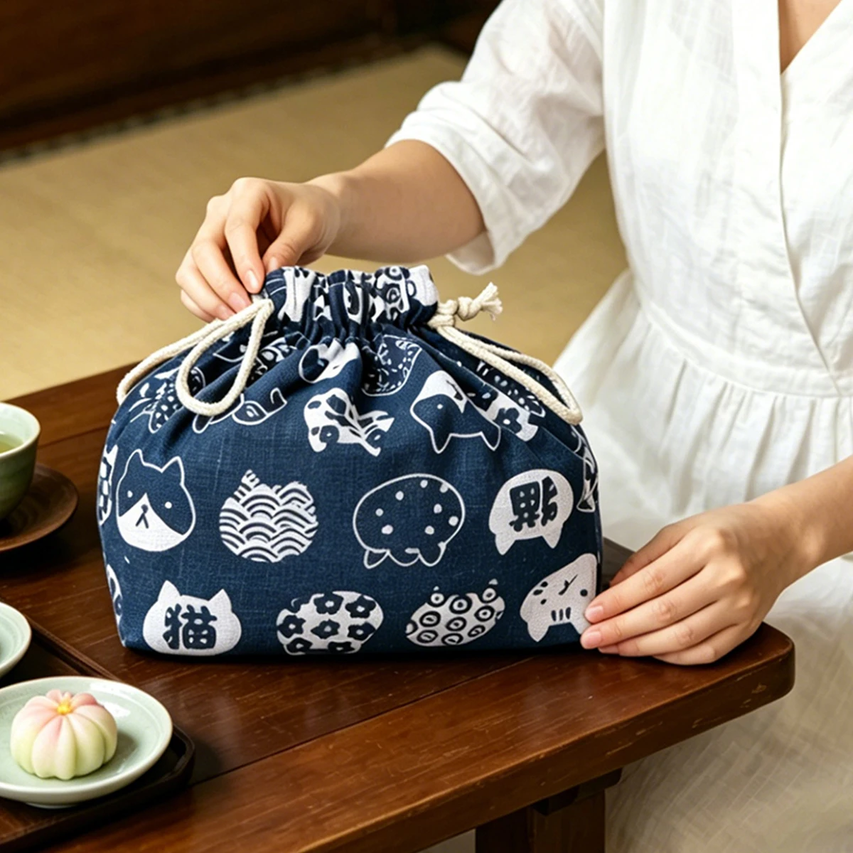 2 Color Options Available, Cat-Shaped Decorative Drawstring Storage Bag in Japanese and Korean Style, Large Capacity Design, Suitable for Storing Lunch Boxes, Can Be Used as a Handbag, Is the Perfect Lunch Box Storage Bag, Multifunctional Storage Bag for Office Workers and Students, Perfect Gift for Graduation Season and Back-To-School Season