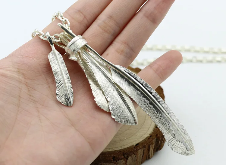 

Men's handmade fashionable silver jewelry, pure silver feather pendant necklace, women's Japanese sweater chain