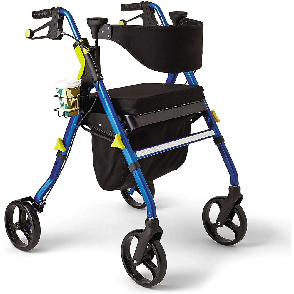 4 Wheel Rollator Walker, Foldable Adjustable Seat, Backrest, Elderly Mobility Aid, Walking Assistance, Senior Support