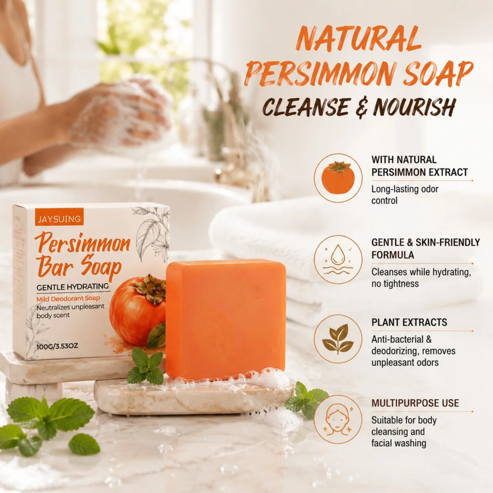 Persimmon Bar Soap Gentle Hydrating Body Soap Neutralize Unpleasant Body Scent Mild Cleansing Moisturizing Skin Soap