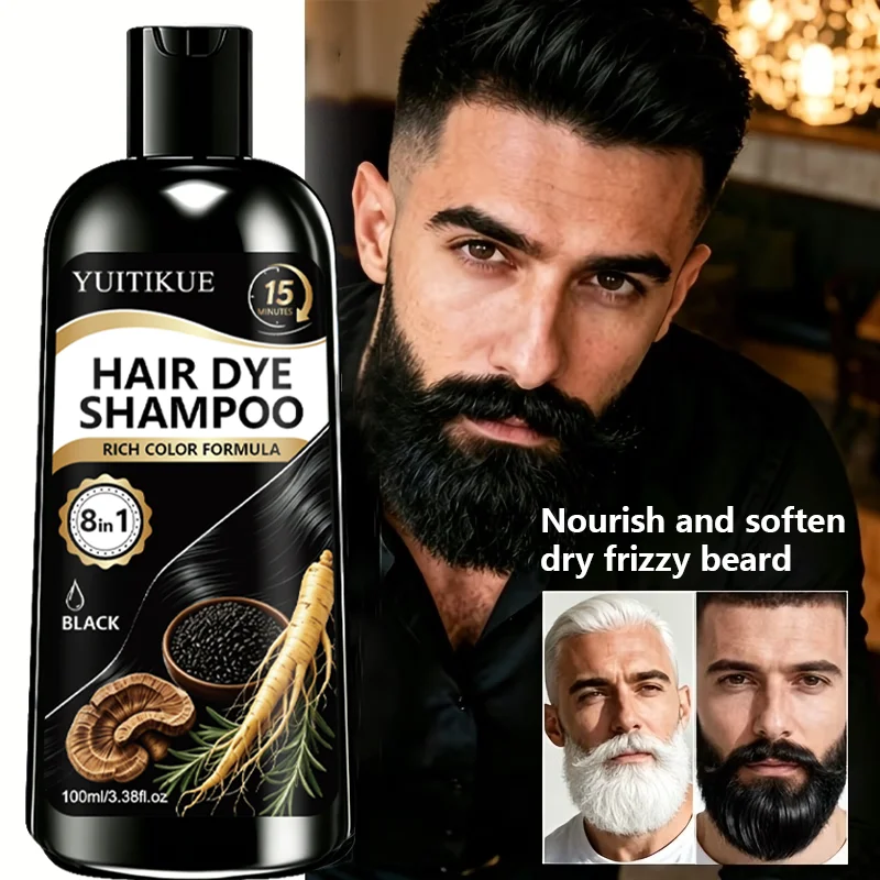 YUITIKUE 8-in-1 Herren Haar- & Bartfarbe Shampoo Natürlicher Ginseng Ganoderma Extrakt Schnelle 15-Minuten Grauhaarabdeckung Schwarzes Färbeshampoo – Detail 1