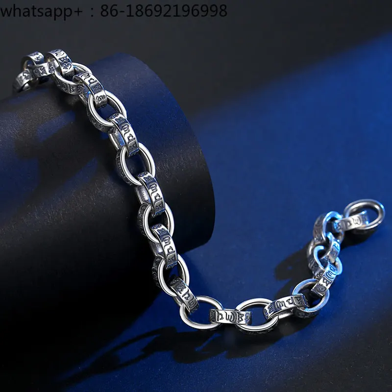 Six-character Mantra Silver Bracelet Men's Sterling Silver Retro Solid Men's Women's Simple Jewelry