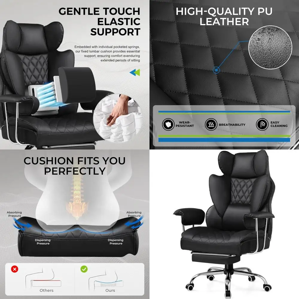 

Эргономичное офисное кресло из искусственной кожи с регулируемыми подлокотниками, поясничной поддержкой и подставкой для ног - черное