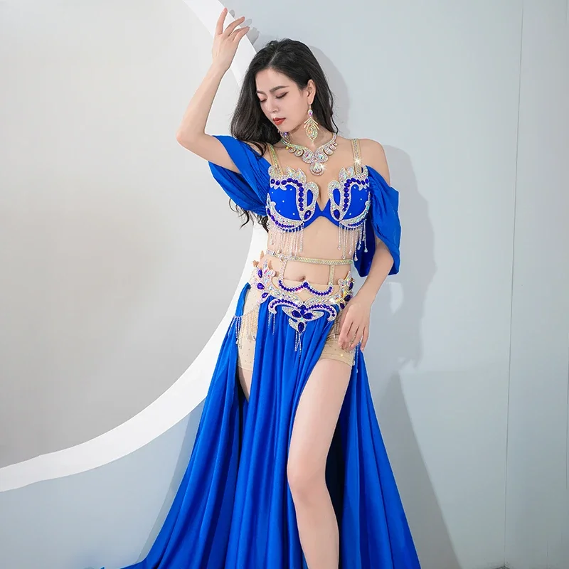 BellyDance Set Customized Diamond ABStones Bra+High Grade Satin Split Long Skirt 2pcs Women's Oriental Dance Performance Costume