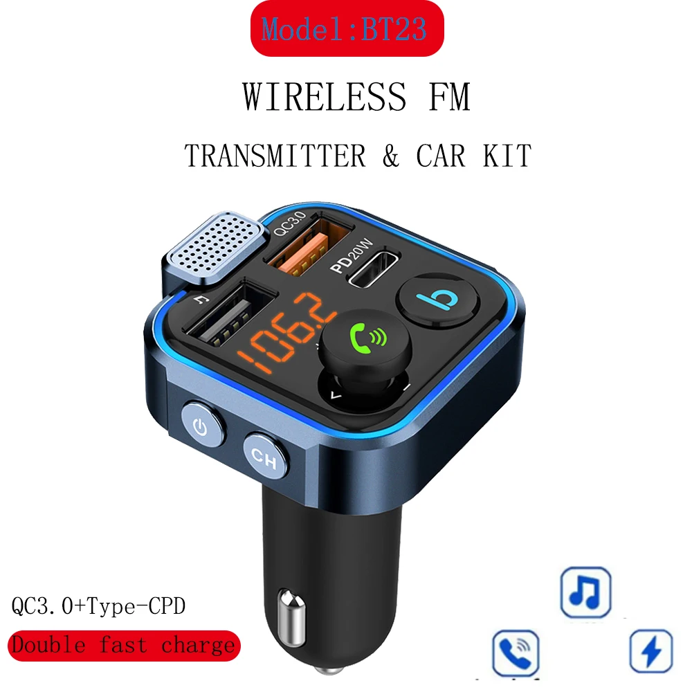 

Bluetooth 5.3 FM Transmitter for Car PD 20W + QC 3.0Stronger Microphone HiFi Bass Sound Cigarette Lighter Radio Music Adapter