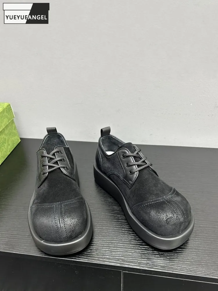Mens Ventilate Spring Autumn Lace Up Cow Suede Leather Thick Platform Casual Shoes Retro Comfortable Skateboard Work Footwear