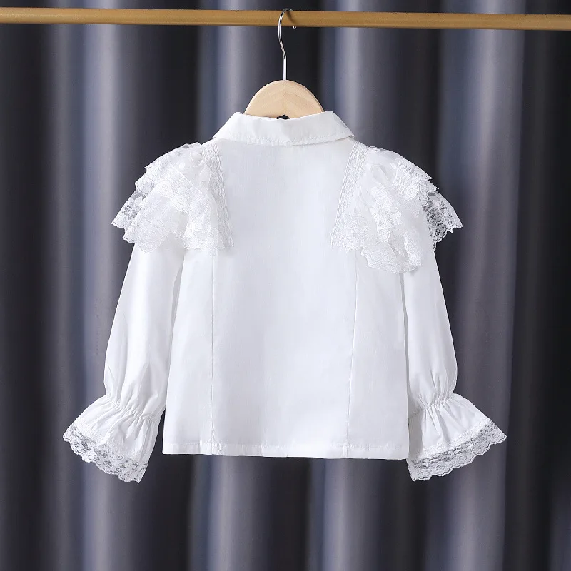 High End Girls Long Sleeved Shirt 2025 Spring and Autumn New Children Girls White Cotton Turn-down Collar Fashion Princess Top