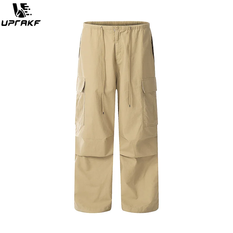 UPRAKF Drawstring Loose Trousers Comfort Casual Side Pocket Autumn Pantalones Solid Color Pleated Straight-leg