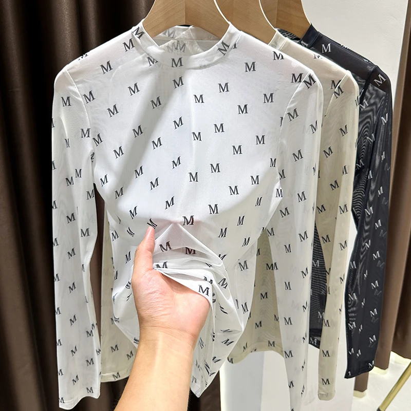 2023 Summer Women Golf Sunscreen with long sleeves and ultra-thin ice silk bottoming shirt and round neck turtleneck top