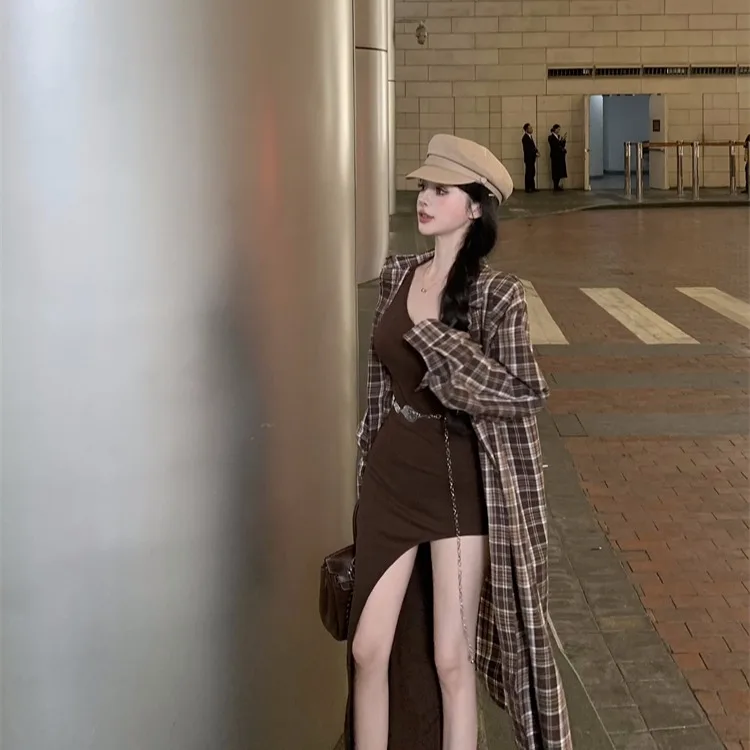 

Slim Fit Shirt And Long Skirt Two Piece Set without Sleeves in Gingham Pattern Fashionable City Walk Outfit with Zipper Closure