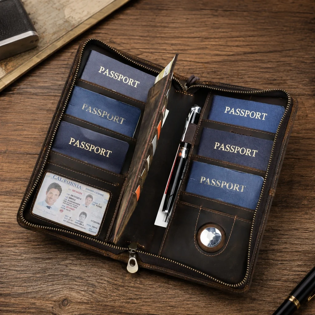 CONTACT'S Genuine Leather Family Passport Holder with AirTag Slot PenC Money Clutch Bag Travel and Passport Wallets