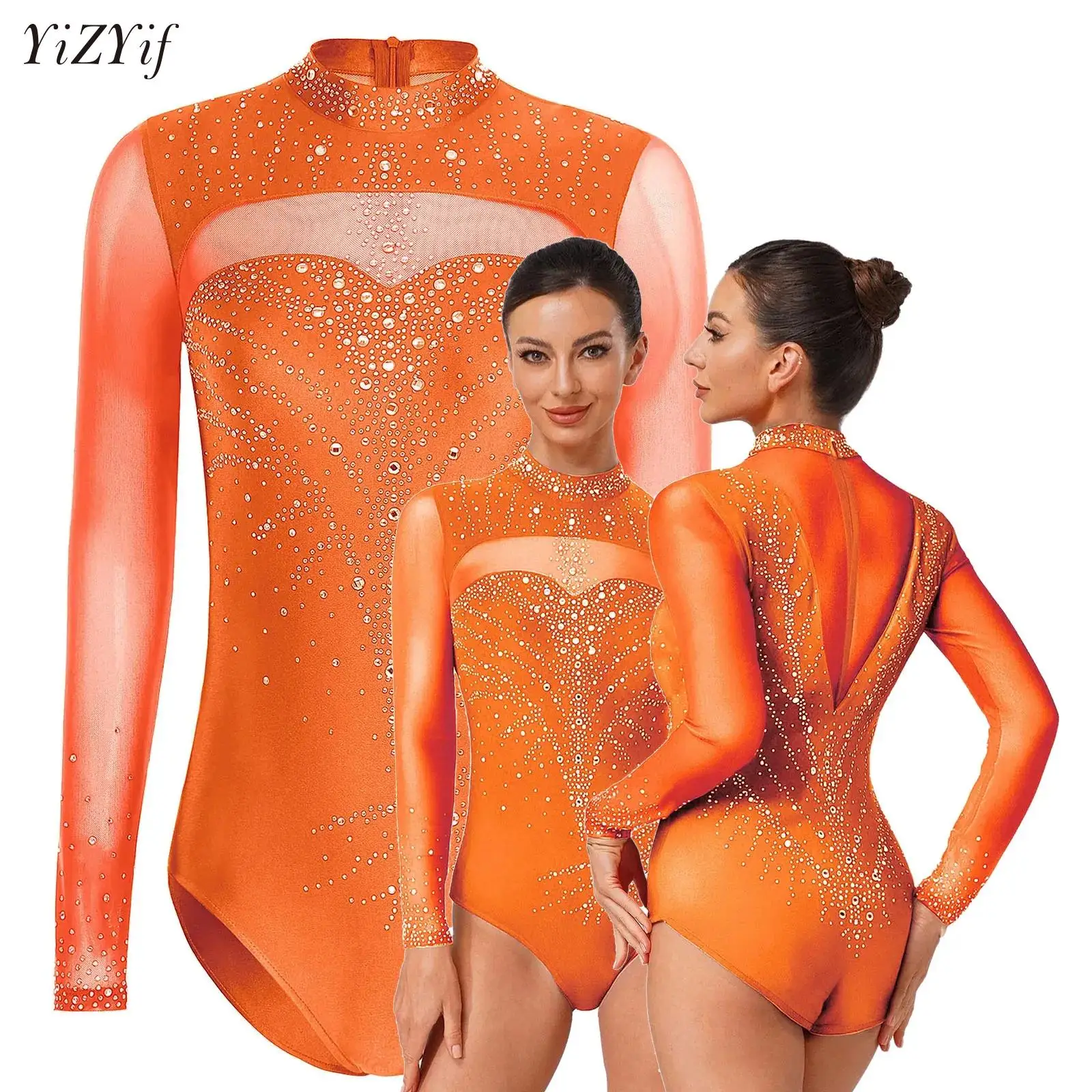 Maglia da ginnastica ritmica da donna, pattinaggio artistico, balletto, danza, costume, strass lucidi, pratica body, tuta