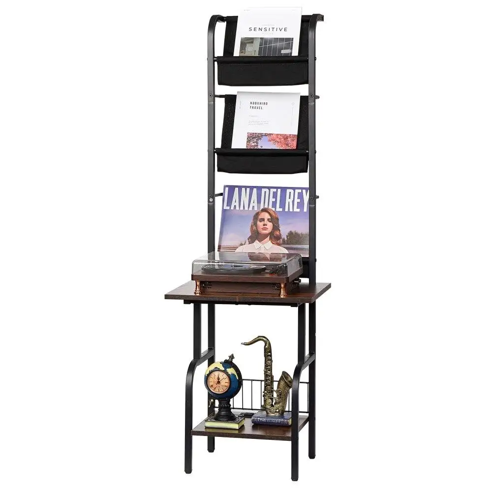 

5 Tier Record Player Stand with LED Light and USB Ports Metal Vinyl Storage Shelf Black
