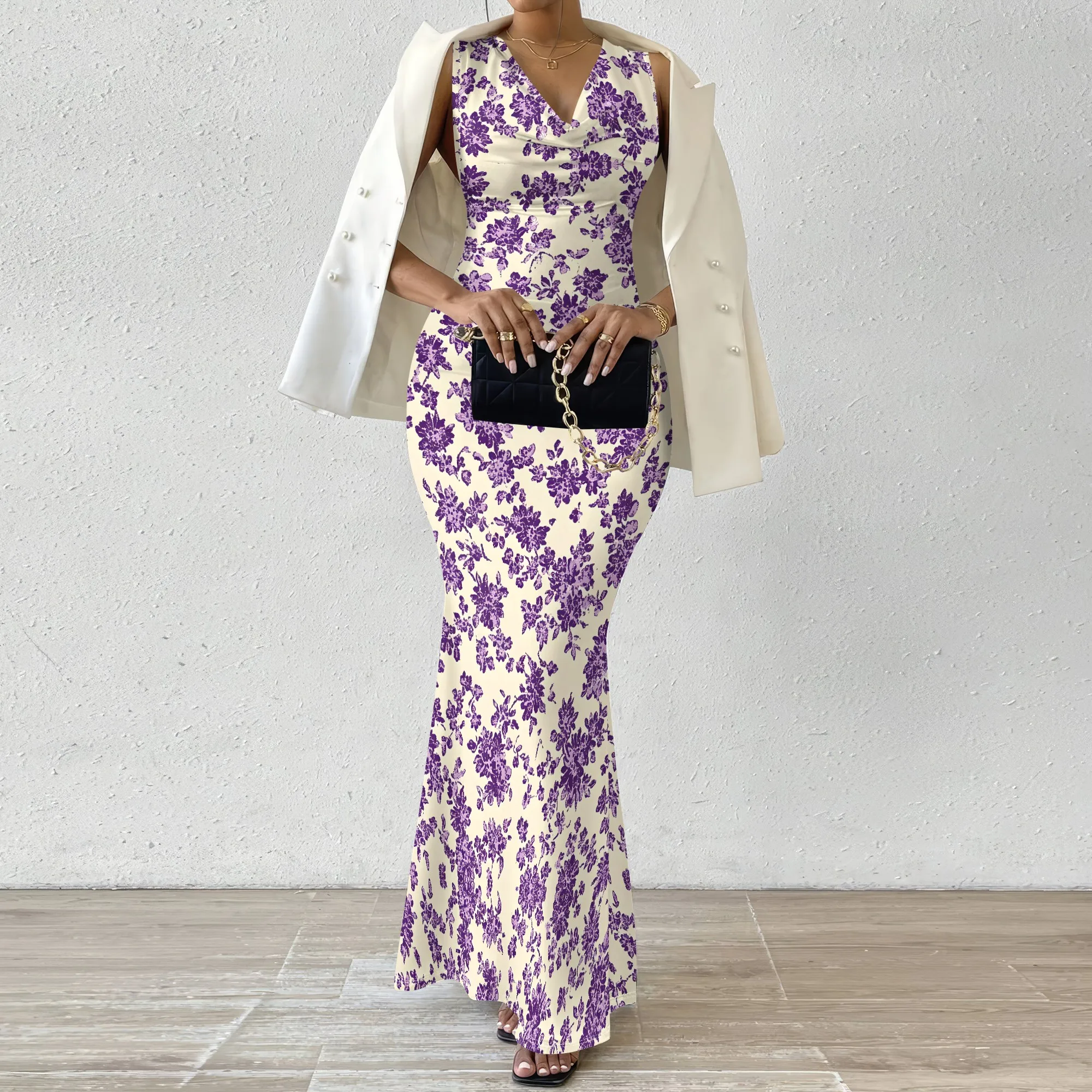 

Women's Floral Maxi Dress Vintage Purple French V-Neck Sleeveless Bodycon Mermaid Dress for Evening Party Wedding Guest XS-2XL