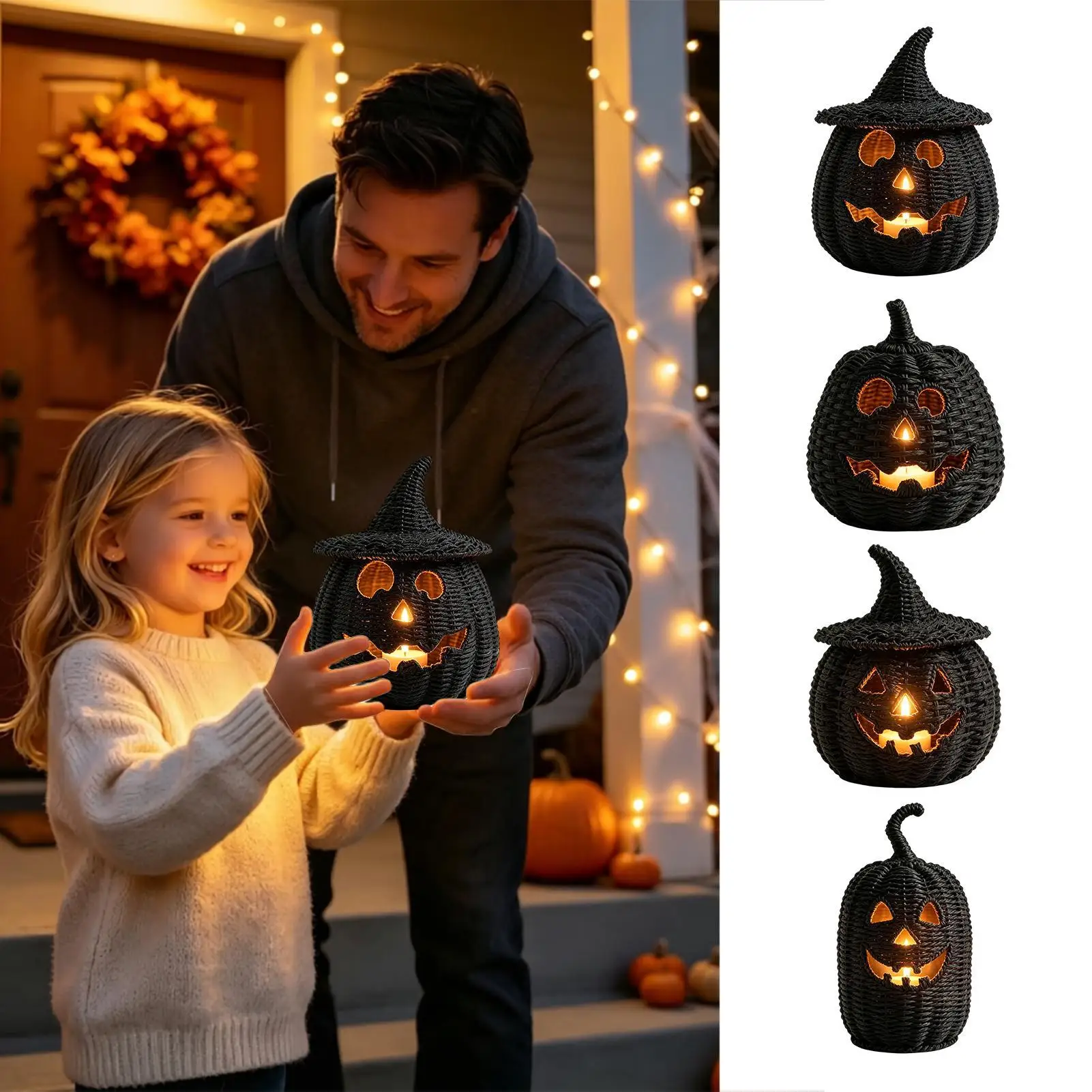 Halloween Pumpkin Lantern with Candle Resin Black Halloween Desk Decor Horror Table Pumpkin Light for Home Dining Table