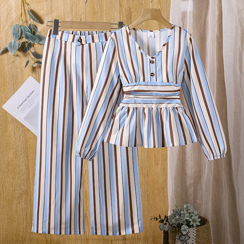 Girls 8‑12Y Spring Autumn 2Pcs Outfit Vertical Stripe V‑Neck Peplum Top And High Waist Wide Leg Pants Daily Suit