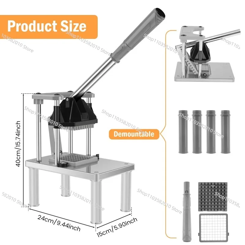 3-in-1 Commercial Heavy-Duty Vegetable Fruit Chopper, French Fry Cutter & Dicer with 2 Replacement Blades, Stainless Steel
