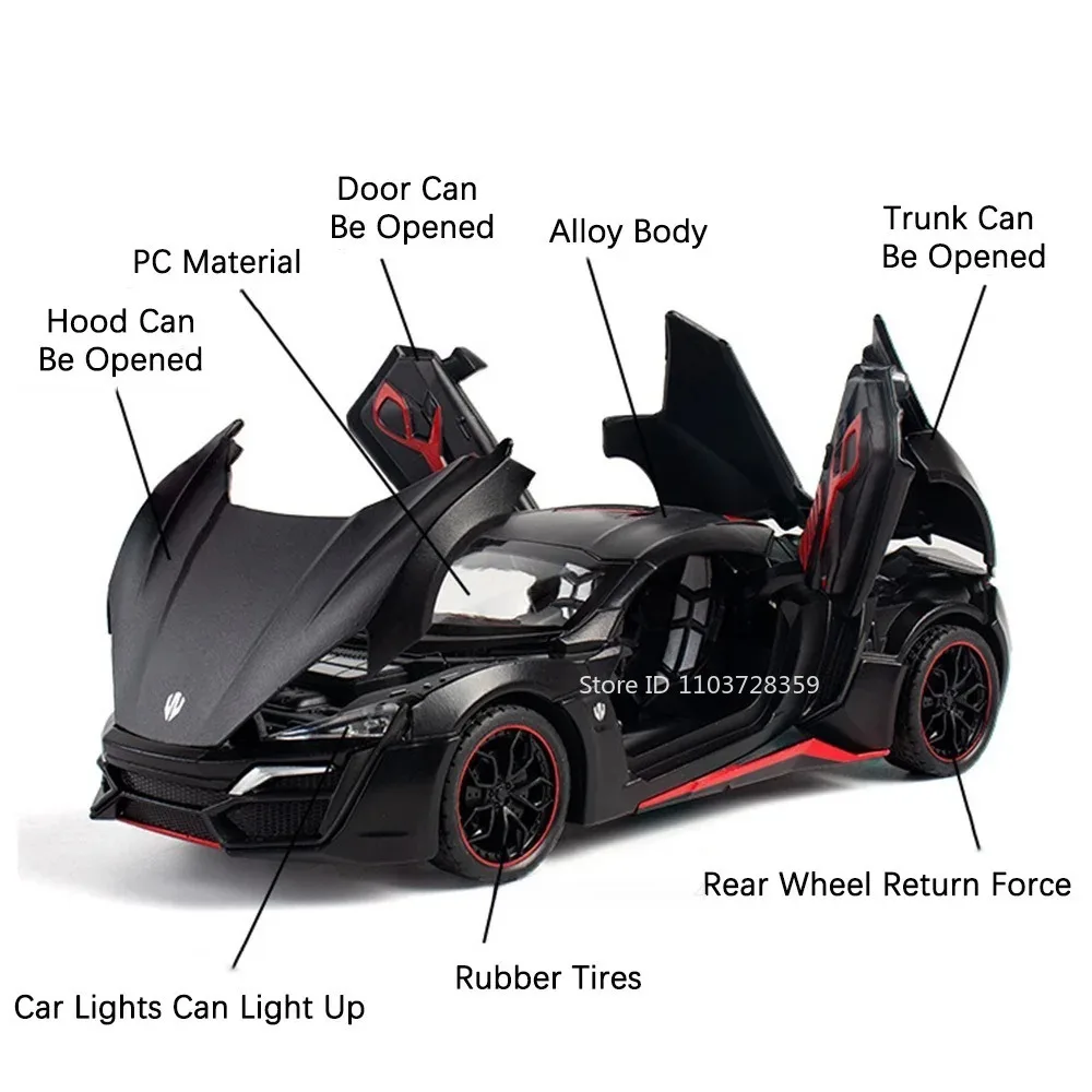 Modelo 1:24 Camaro Lykan, supercoche de juguete, aleación fundida, puertas con luz de sonido, espalda abierta, exquisito adorno de coche deportivo para niños
