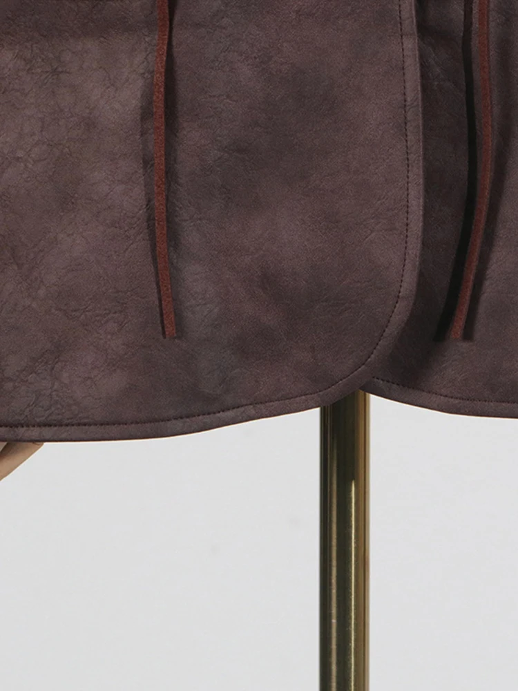 YERMORA Coffee PU Leather Irregular Bandage Blazer For Women Lapel Long Sleeve Loose New Jacket Fashion Tide Sring Autumn 2025