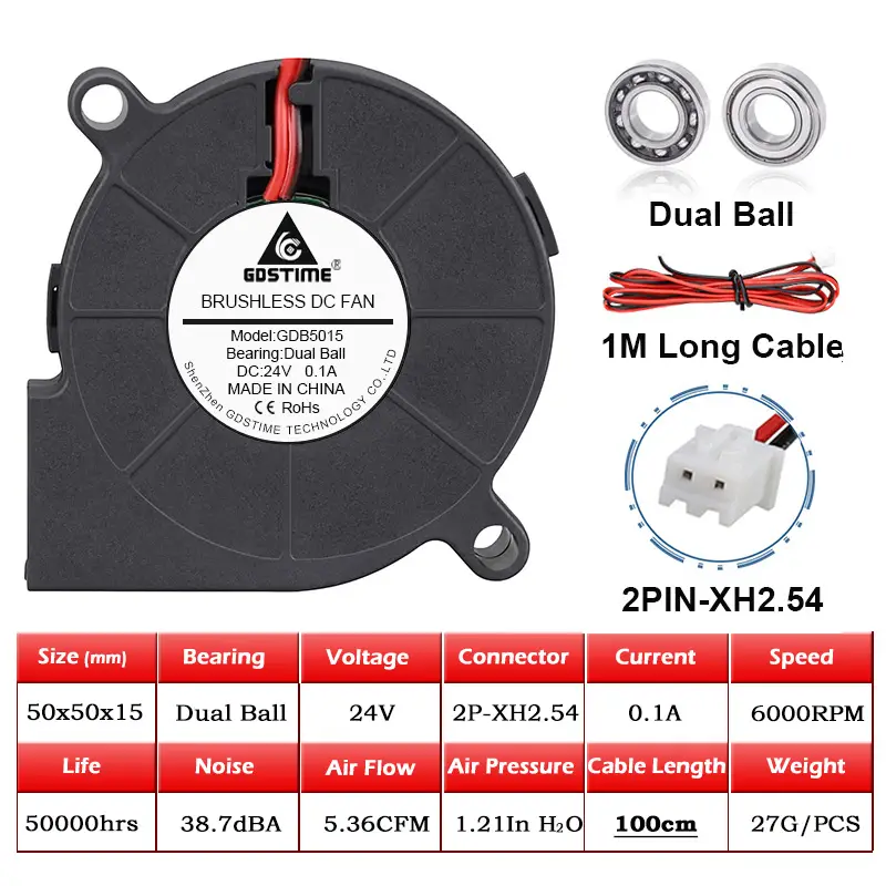 Gdstime DC 5V 12V 24V 50x50x15mm Dual Ball Cooler 2Pin USB Radial Fan 5015 Turbo Blower 5cm 50mm Radiator for 3D Printer Cooling - Image 24