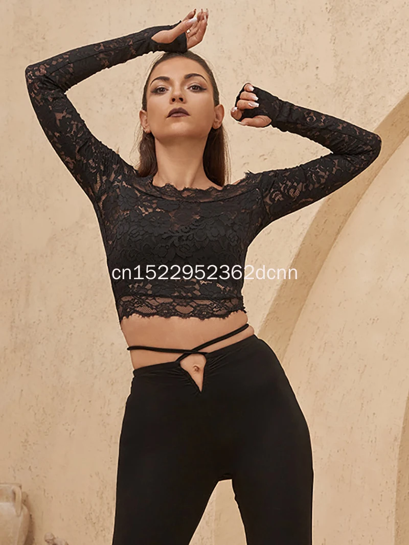 

Женский топ для латинских танцев с вырезом лодочкой, кружевной топ с длинными рукавами, одежда для бальных танцев, национальный стандарт, топы для профессиональной практики