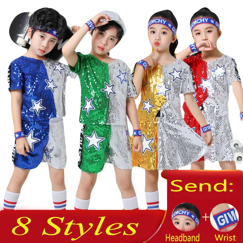 

LOlanta Dance Sequined Clothes for Kids Jazz Hip Hop School Activities Performance Outfits Short Sleeve Top&Skirt/Shorts Costume