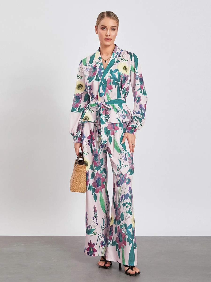 ชุดเสื้อผ้า2ชิ้นสำหรับผู้หญิงชุดเสื้อผ้า2ชิ้นเสื้อแขนยาวคอวีแขนโคมไฟพร้อมเข็มขัดกางเกงขาม้าพาลาซโซเลานจ์