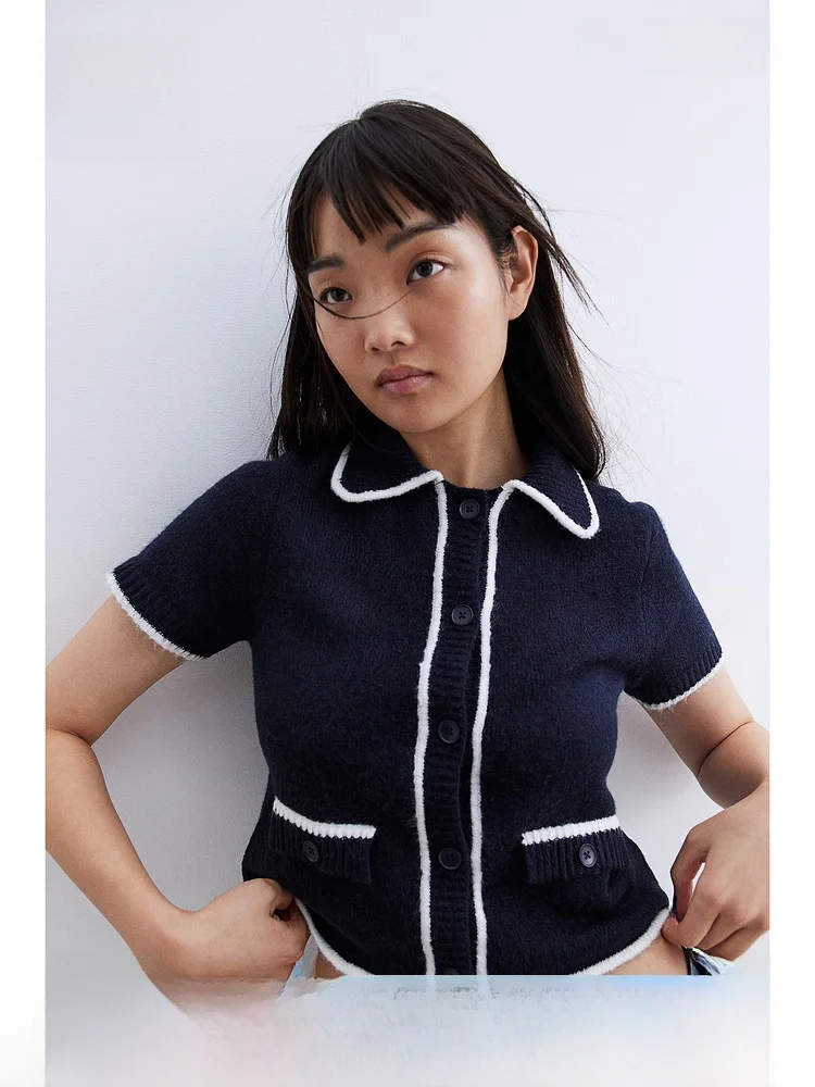 

Elegant Short Sleeve Open Cardigan Casual Turn-down Collar Single Button H&M Women's Knitted Sweater Summer Style 1262823