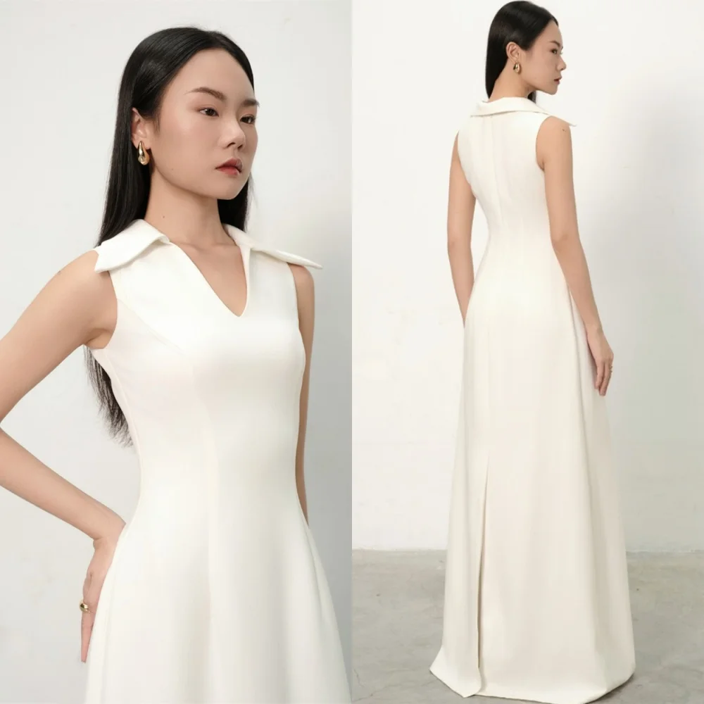 

Customized Soft White Jersey Evening Dresses Exquisite V-Neck Sleeveless Homecoming Dresses Modern Sweep Train Vestido De Festa