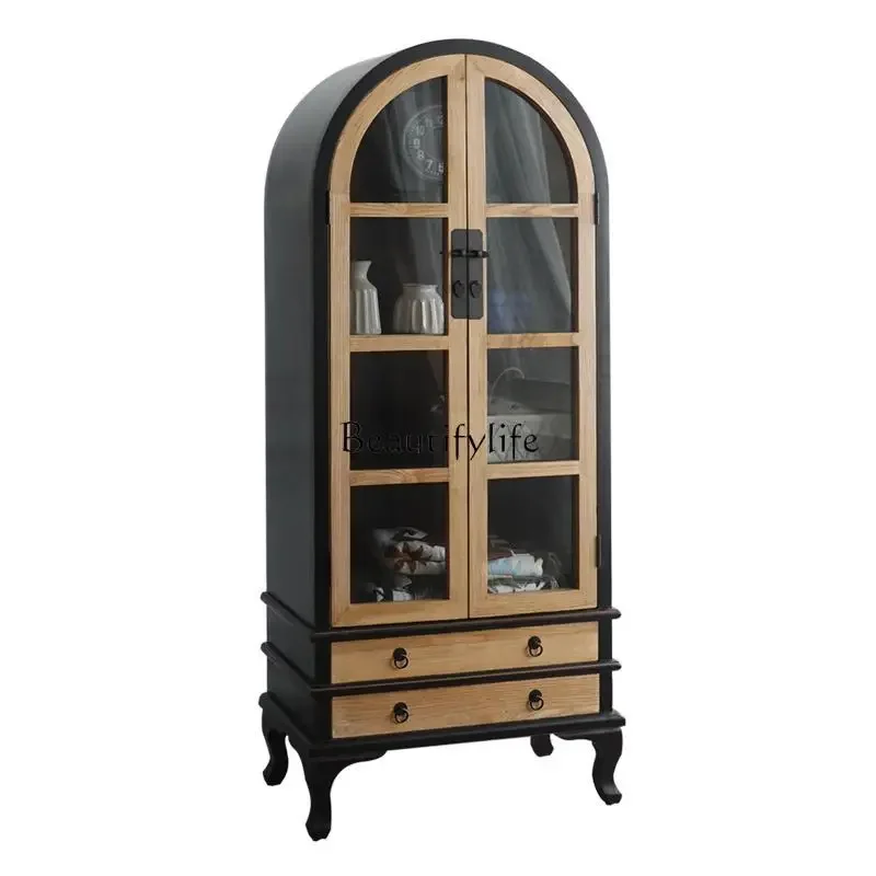 

FG17*French country style black old wood color mixed and matched storage display cabinet