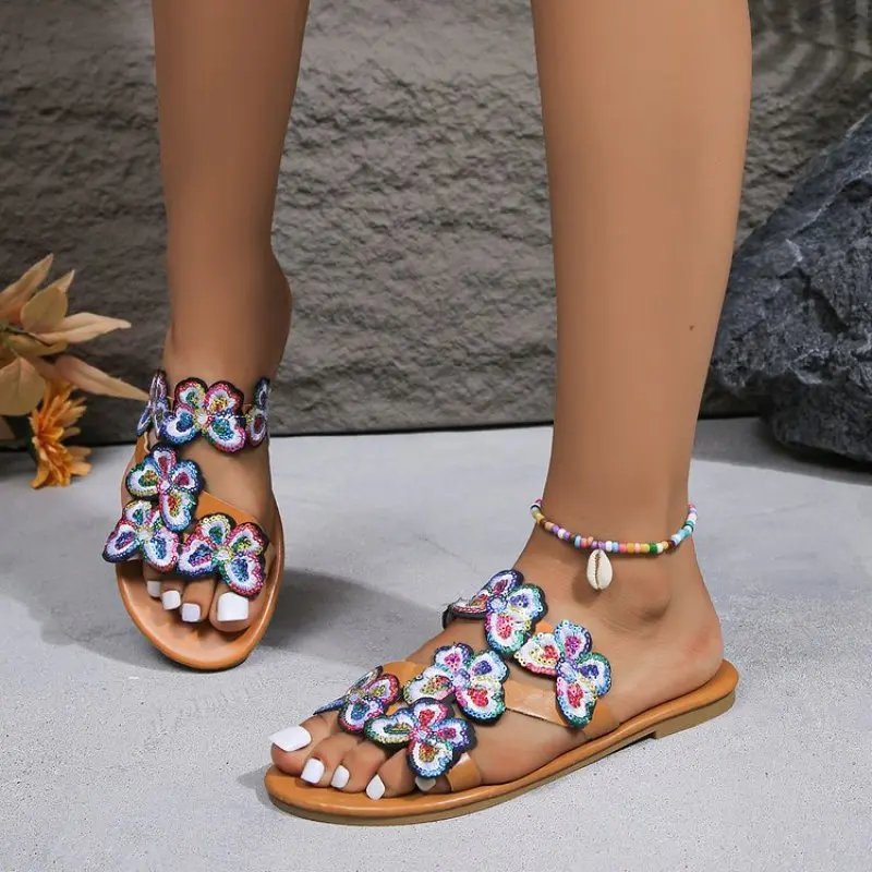 Women Fashion Casual Shoes Flat Summer Butterfly Pattern Toe Ring Slingback Beach Sandals Beach Slipper New Plus Size 41 42 43