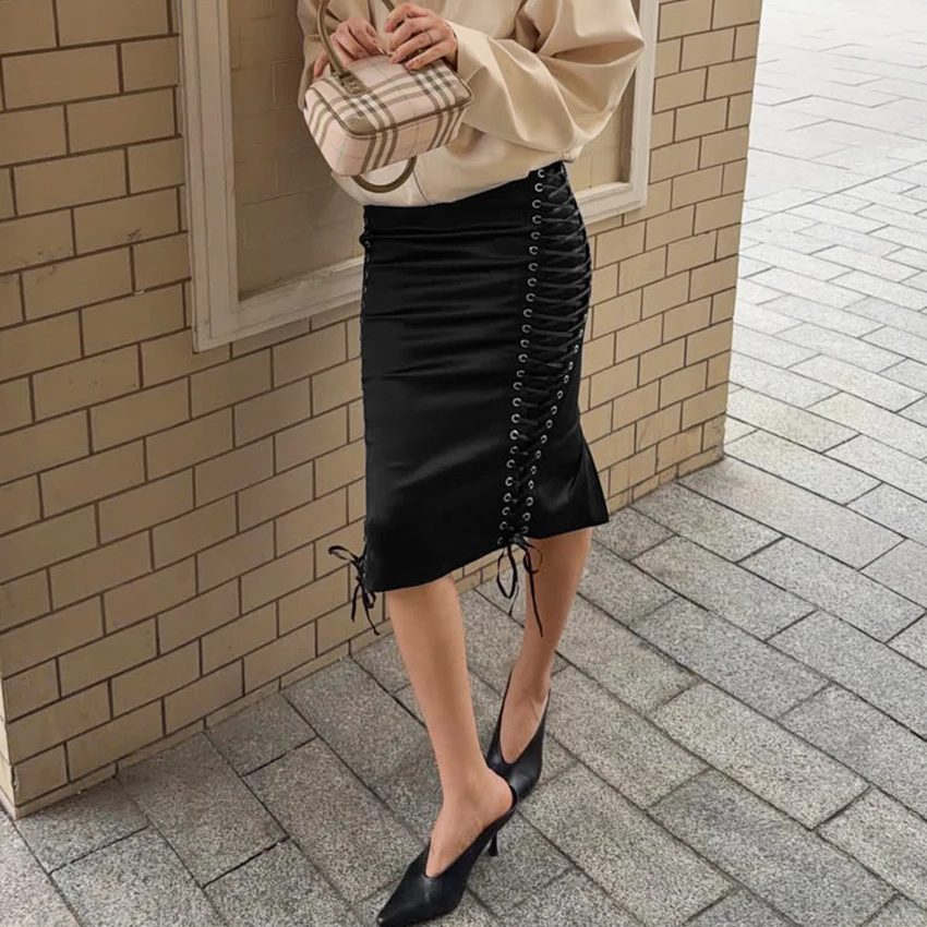 Linad Street Chic Black Satin Drawstring Skirts Woman 2026 Vintage Slim High Waist Straight Skirts Casual Lace Up Skirt Female