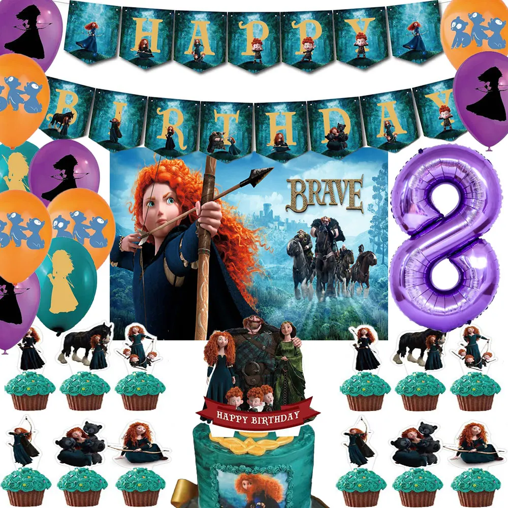 

Brave Happy Birthday Party Decoration Merida Tapestry Background Balloon Cake Topper Banner Girl Gift Wedding Home Decor Supply